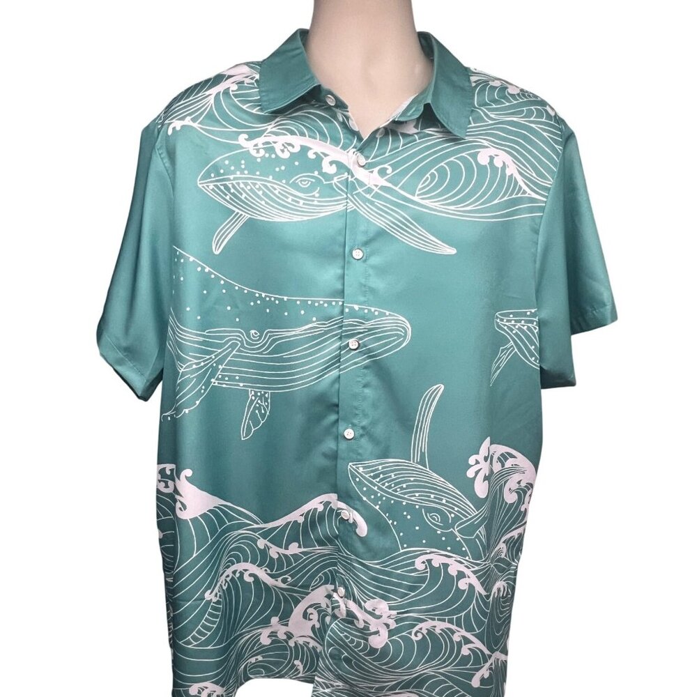 Mens Green Hawaiian Aloha Graphic Whales Ocean Button Up Camp Shirt 2XL